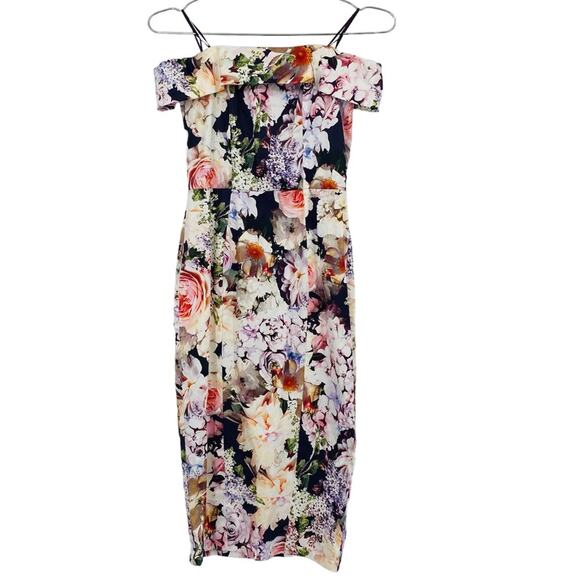 ASOS WEDDING Bardot Navy Floral Off Shoulder Pencil Dress - Picture 5 of 8